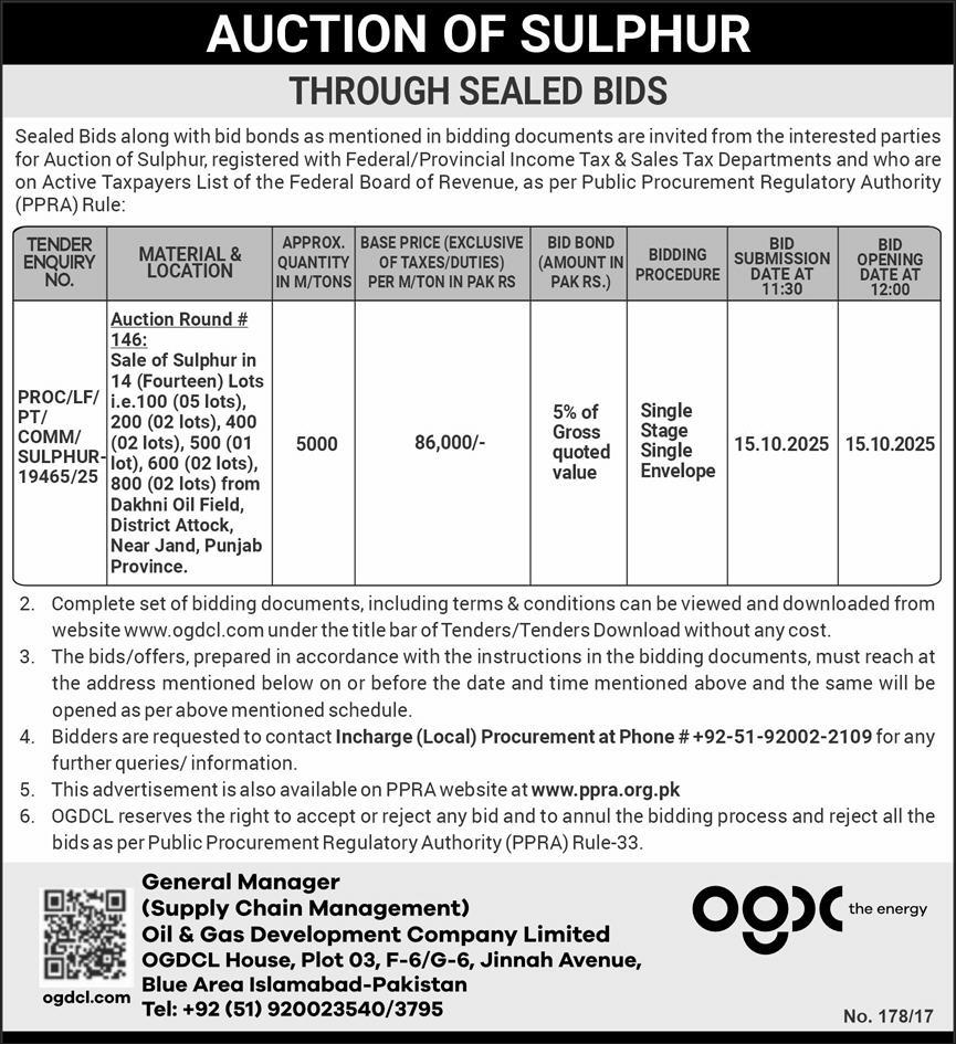 Oil & Gas Development Company Limited Islamabad Tender Notice